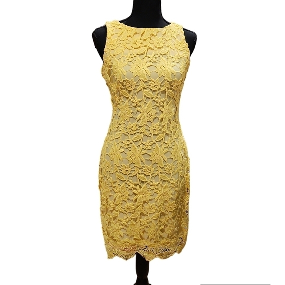 Ralph Lauren Island Yellow Crochet Lace Floral Formal Midi Sheath Dress Size 0 - Picture 1 of 11